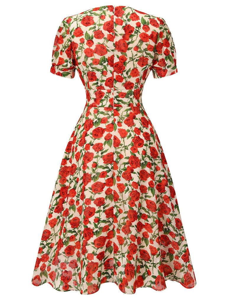 Red 1940s Rose V-Neck Swing Dress