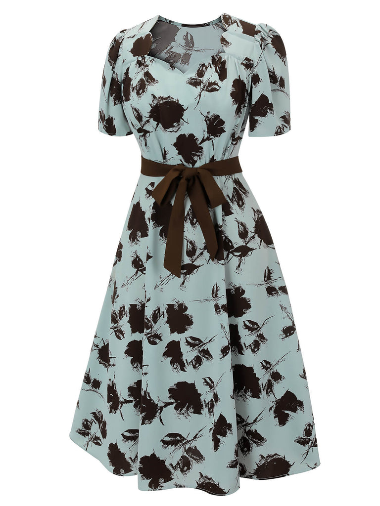 1940s Blue Floral Dress With Bow Belt