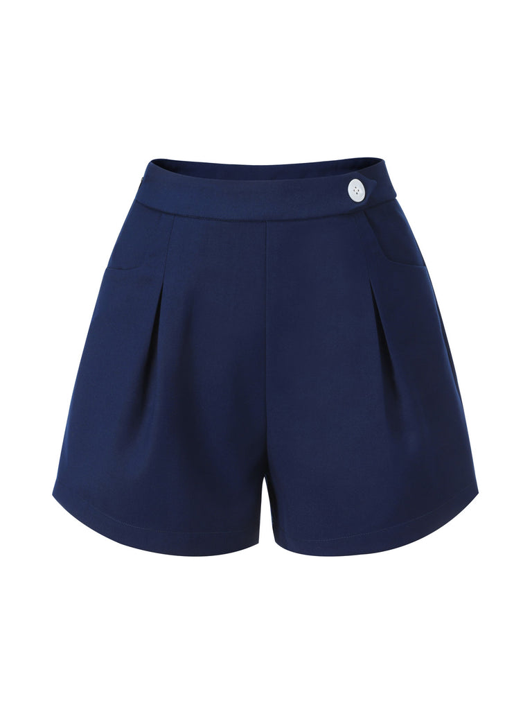 Navy Blue 1950s Solid Button Shorts