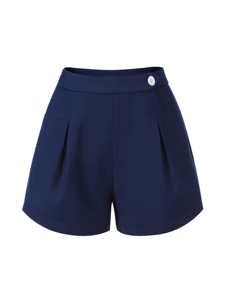 Navy Blue 1950s Solid Button Shorts | Retro Stage