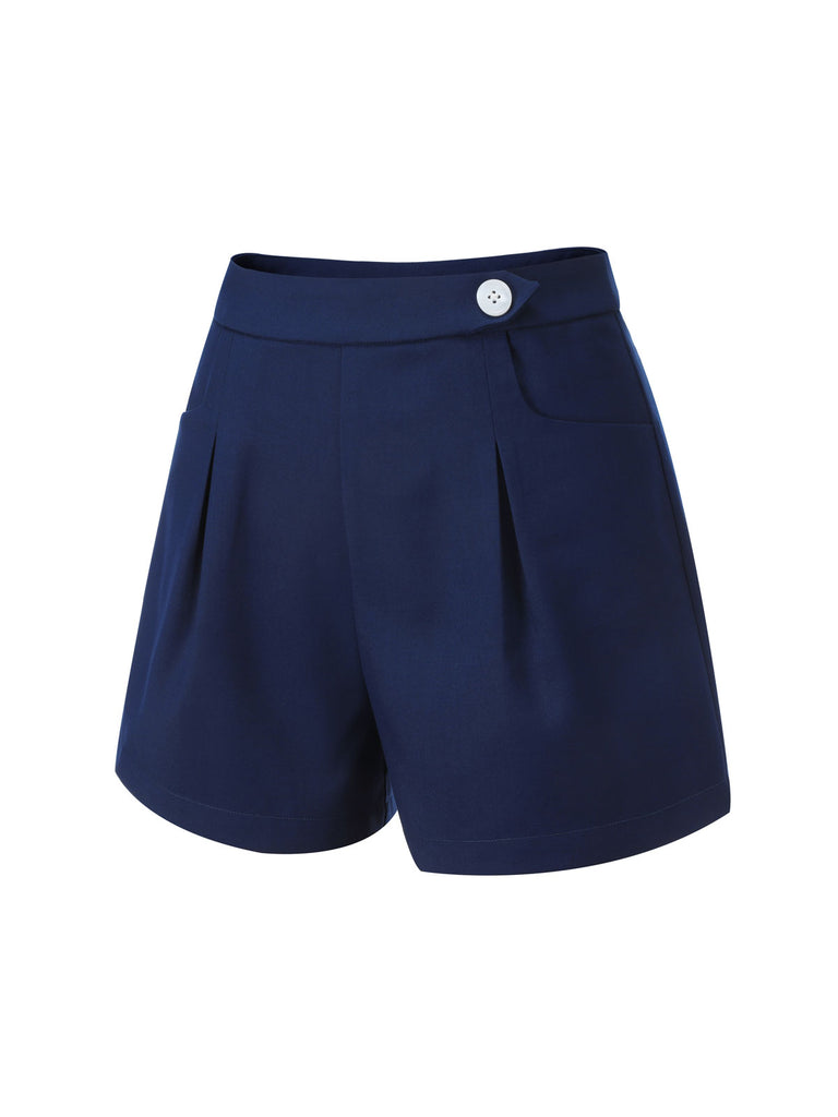 Navy Blue 1950s Solid Button Shorts