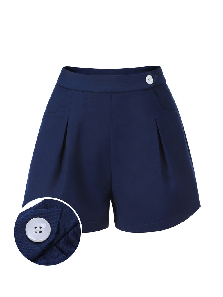 Navy Blue 1950s Solid Button Shorts