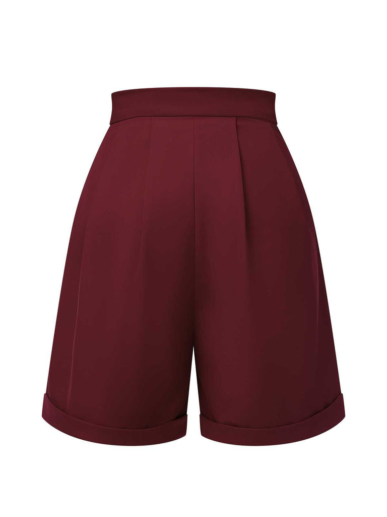 Red 1950s Pleated Turn Over Shorts