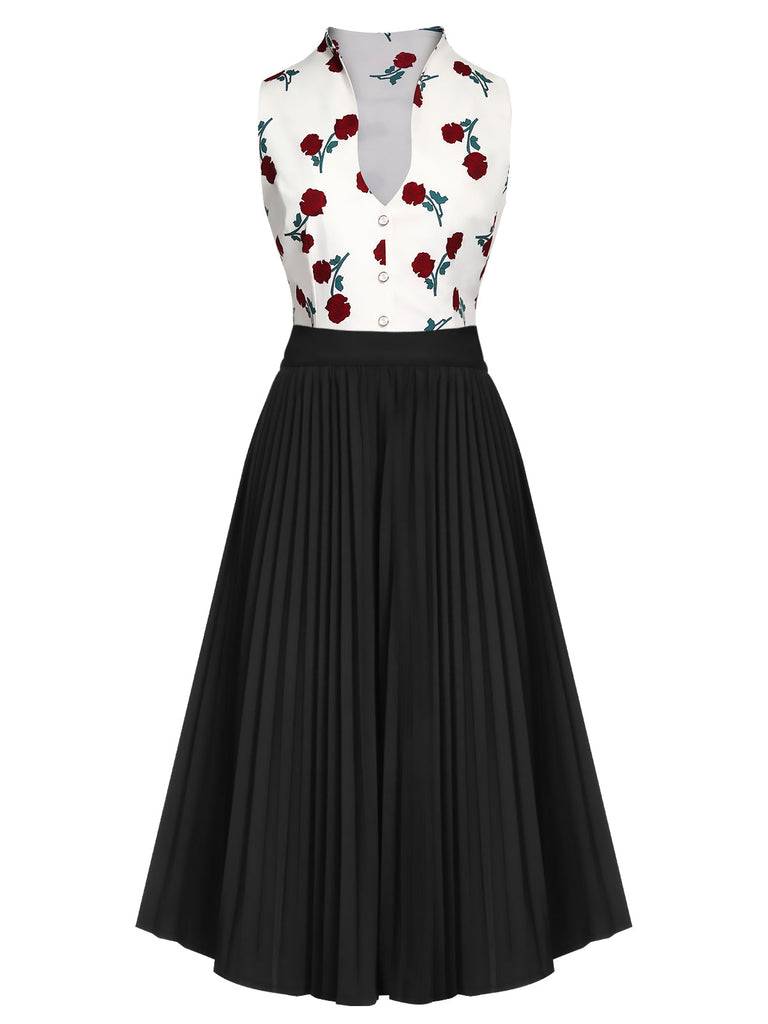 2PCS 1950s White Roses Top & Black Skirt