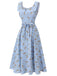 Blue 1940s Rose Plaid Lace Up Dress
