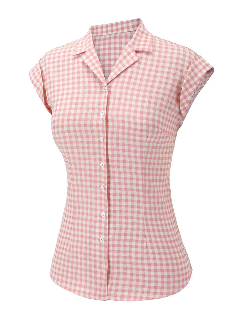 Pink 1950s Gingham Plaid Lapel Shirt