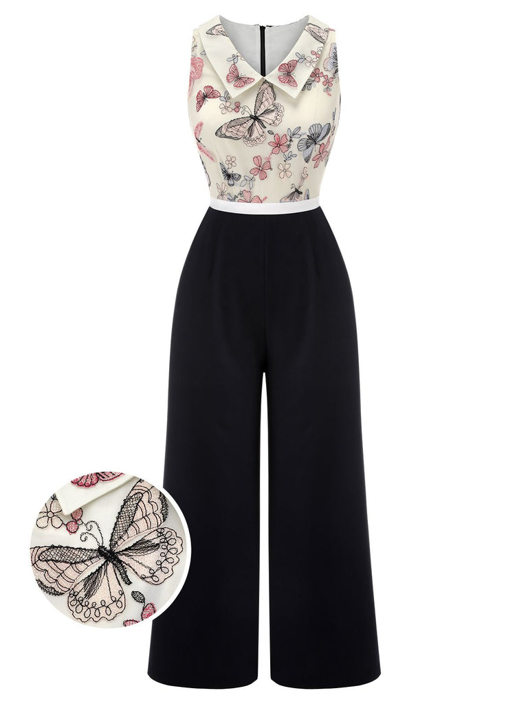 Black & White 1930s Lapel Floral Butterfly Jumpsuit