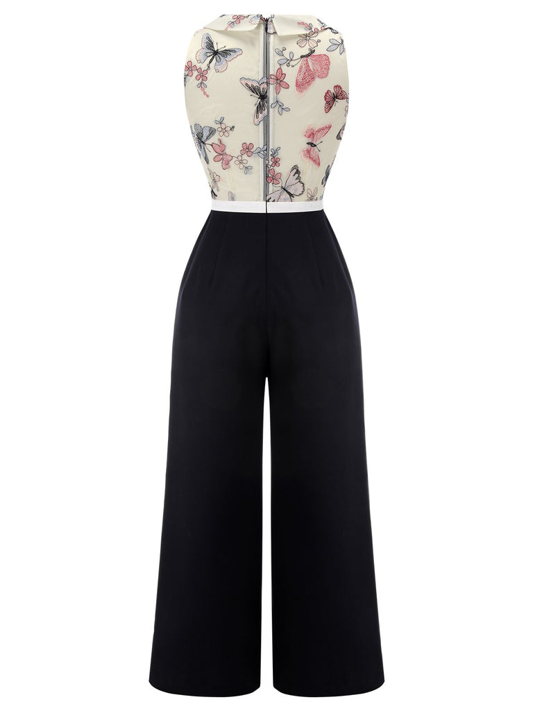 Black & White 1930s Lapel Floral Butterfly Jumpsuit