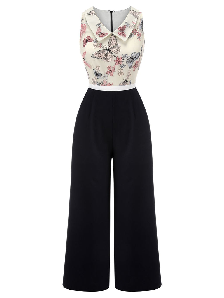 Black & White 1930s Lapel Floral Butterfly Jumpsuit