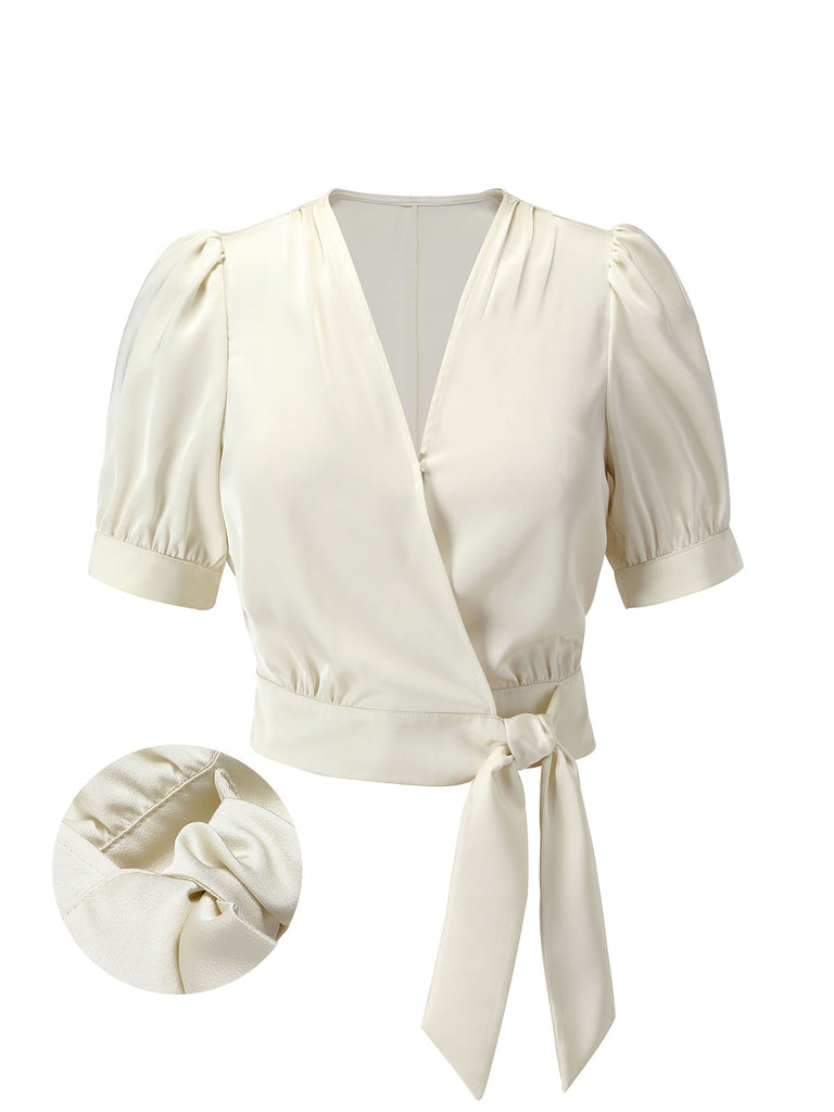 Beige 1950s Satin Puff Sleeve V-Neck Blouse – Retro Stage - Chic ...