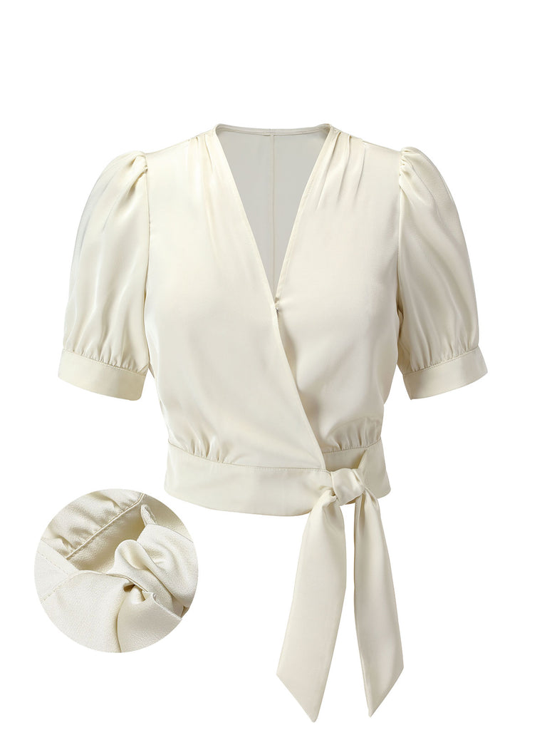 Beige 1950s Satin Puff Sleeve V-Neck Blouse | Retro Stage