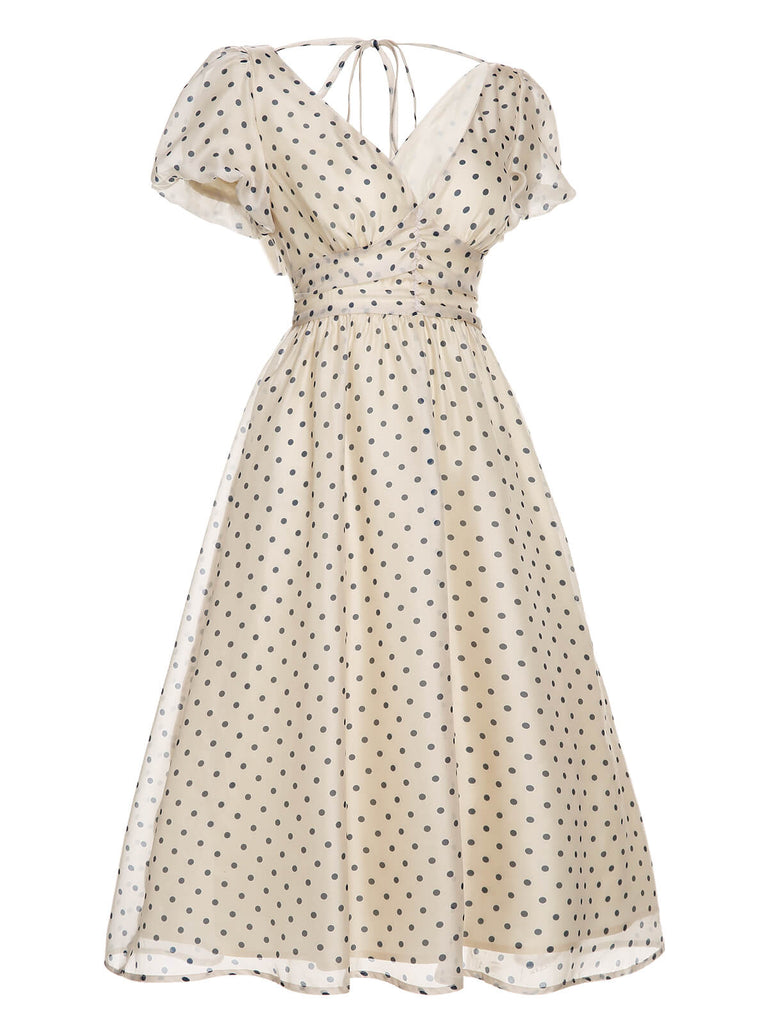 1950s Beige Polka Dot V-neck Dress
