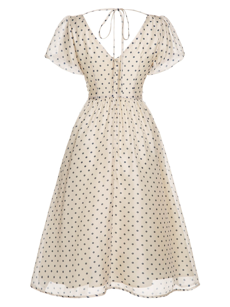 1950s Beige Polka Dot V-neck Dress