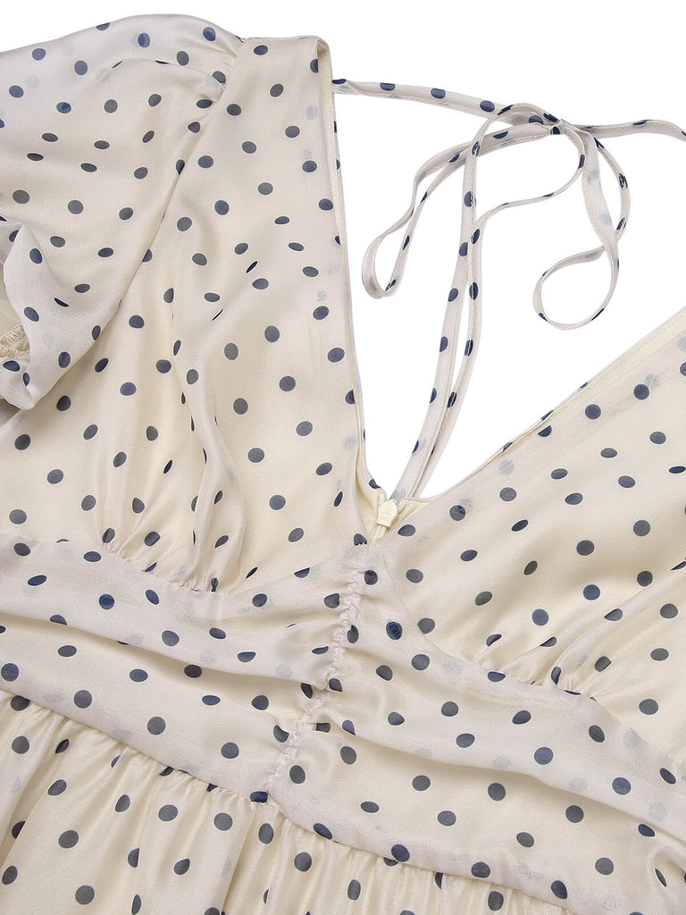 1950s Beige Polka Dot V-neck Dress