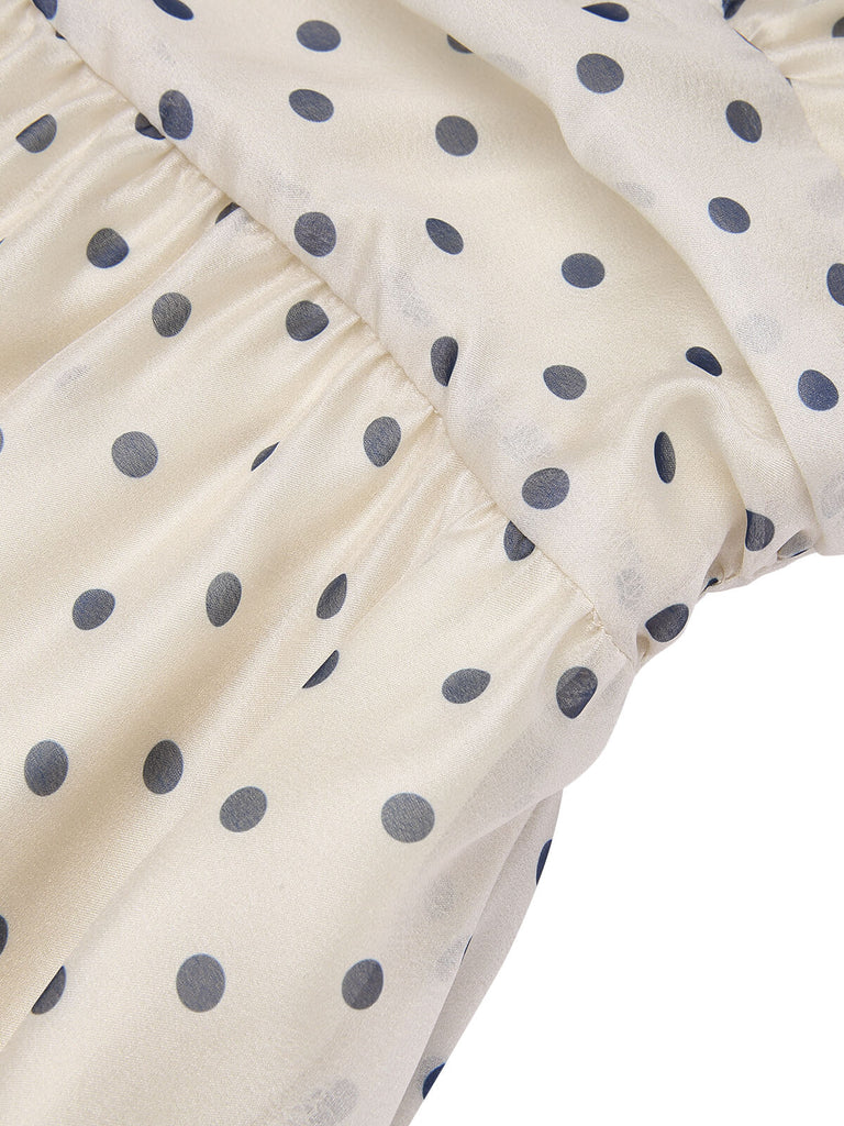 1950s Beige Polka Dot V-neck Dress