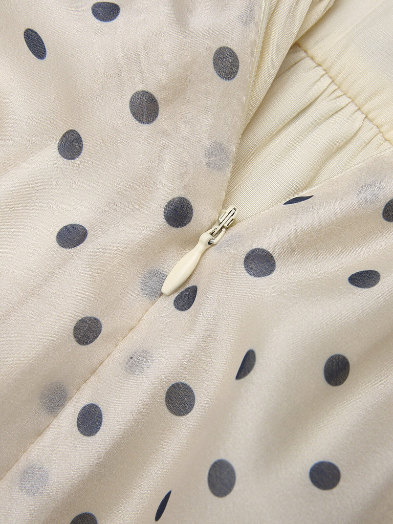 1950s Beige Polka Dot V-neck Dress