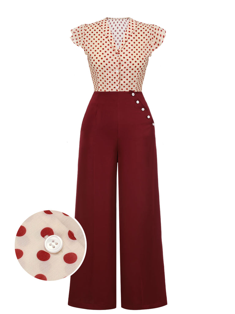 2PCS 1950s Red Polka Dot Blouse & Burgundy Pants