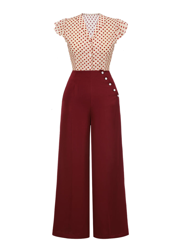 2PCS 1950s Red Polka Dot Blouse & Burgundy Pants