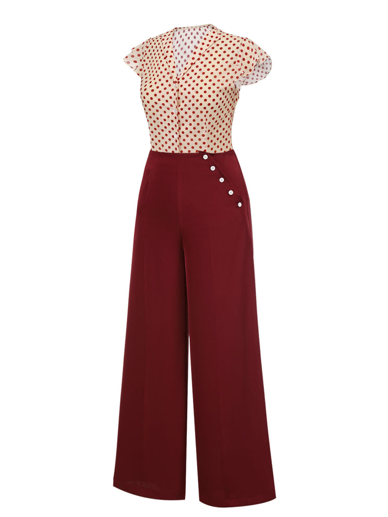 2PCS 1950s Red Polka Dot Blouse & Burgundy Pants