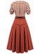 2PCS Orange Red 1950s Striped Blouse & Pleated Skirt