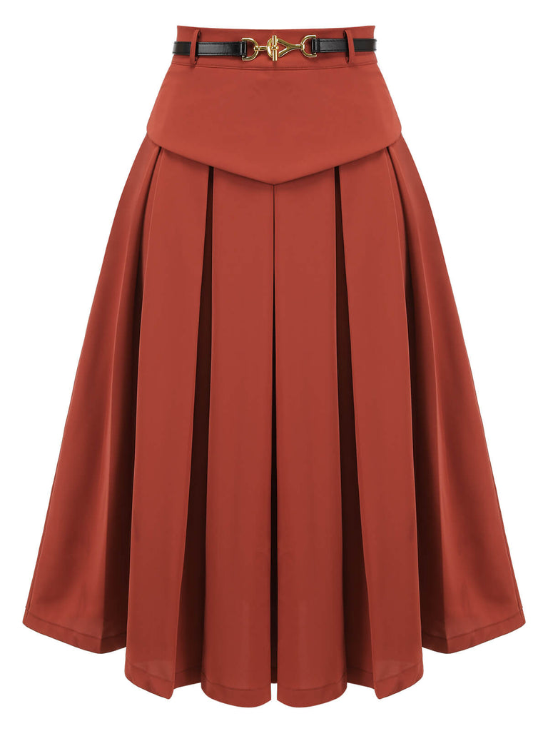 2PCS Orange Red 1950s Striped Blouse & Pleated Skirt