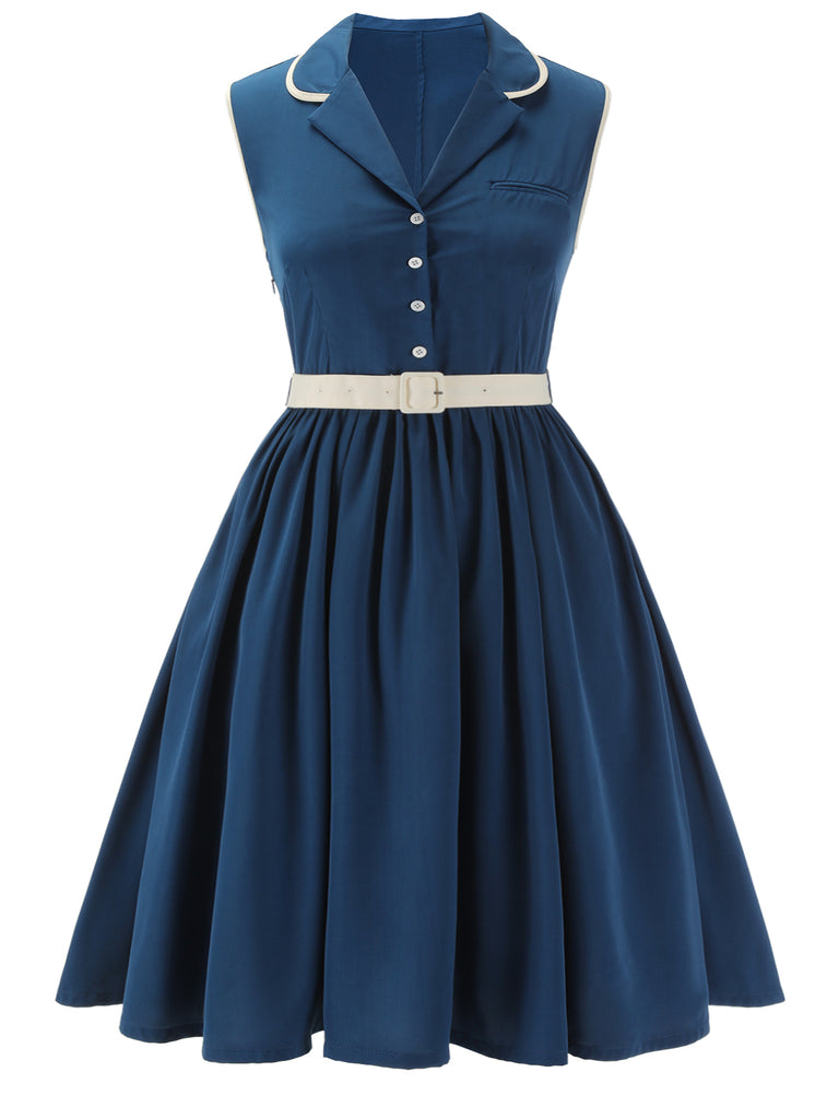 [Pre-Sale] [Plus Size] 1960s Navy Blue Sleeveless Lapel Dress