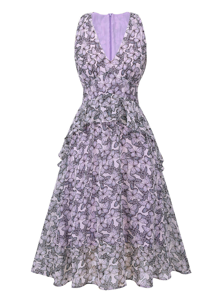 Purple 1930s Butterfly V-Neck Sleeveless Dress