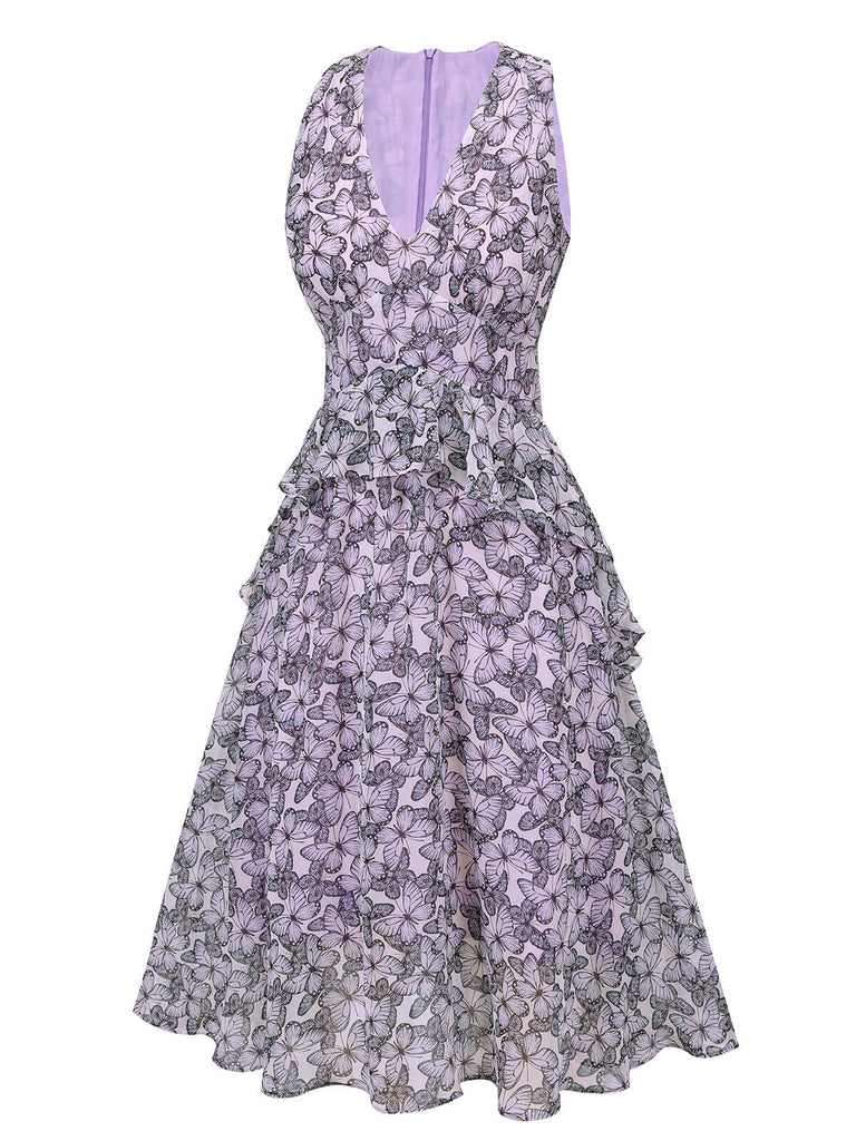 Purple 1930s Butterfly V-Neck Sleeveless Dress