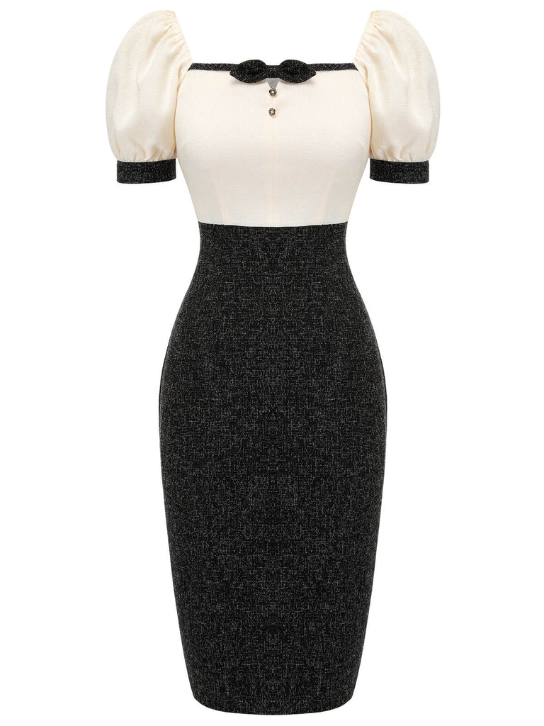 Black & Beige 1960s Puff Sleeve Pencil Dress