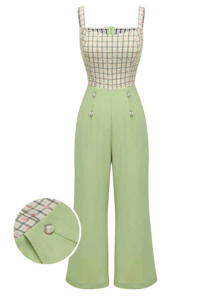 Green 1930s Plaid Dots Strap Jumpsuit