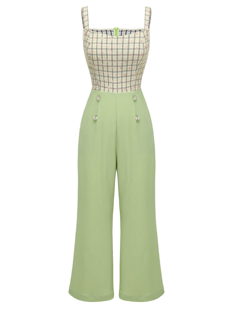 Green 1930s Plaid Dots Strap Jumpsuit