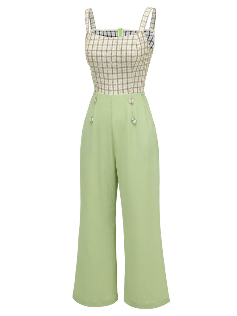 Green 1930s Plaid Dots Strap Jumpsuit
