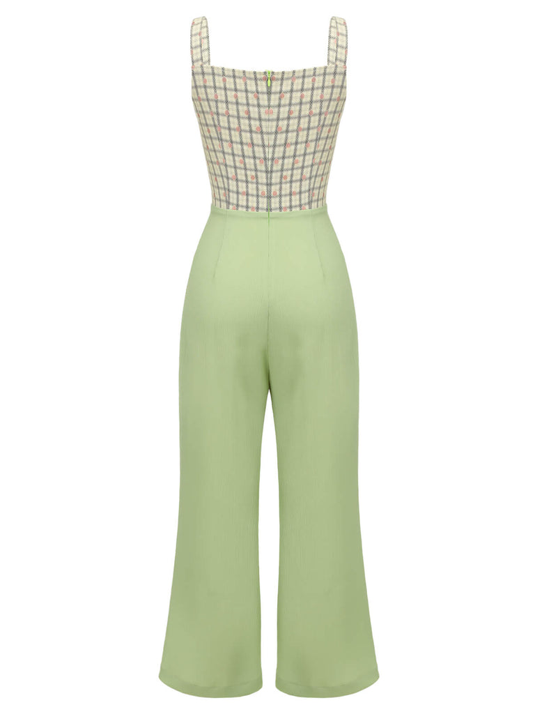 Green 1930s Plaid Dots Strap Jumpsuit