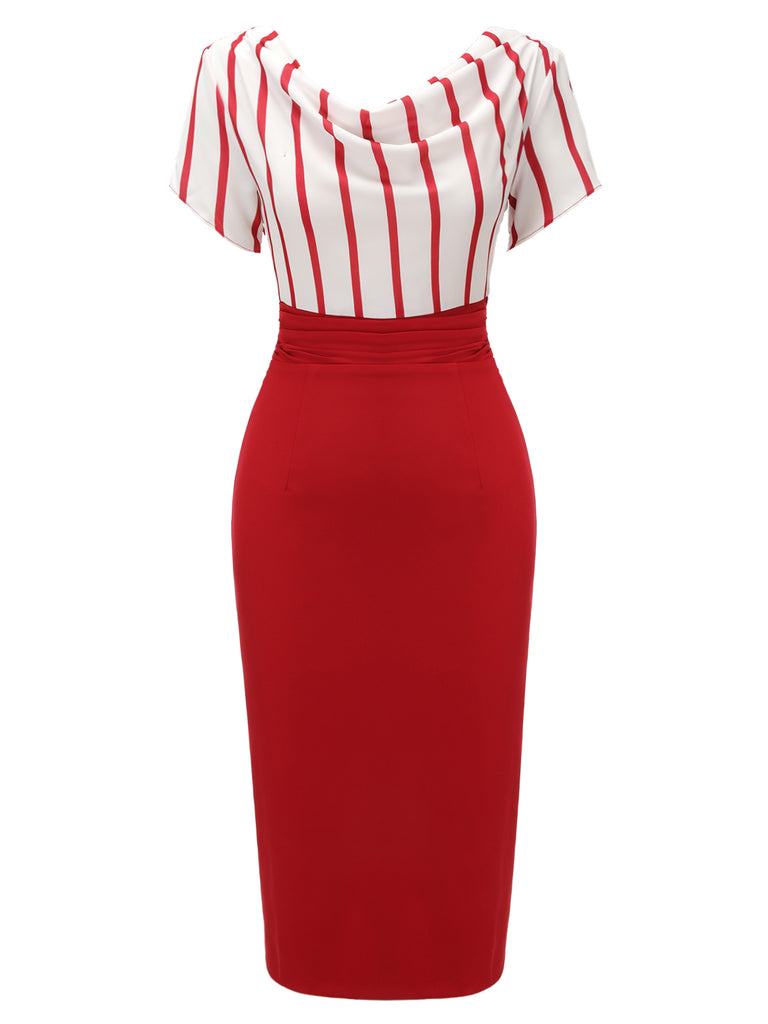Red 1950s Stripes Patchwork Pencil Dress