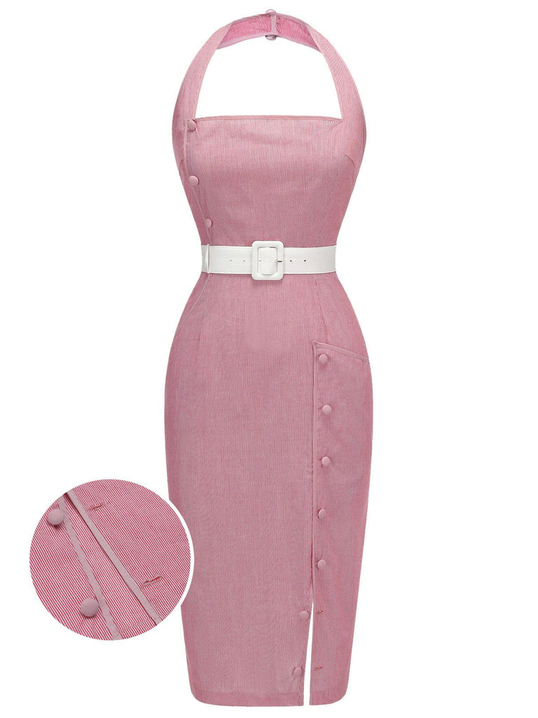 Pink 1960s Halter Stripes Belted Bodycon Dress