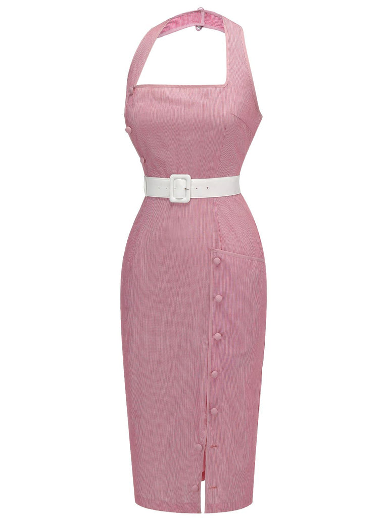 Pink 1960s Halter Stripes Belted Bodycon Dress