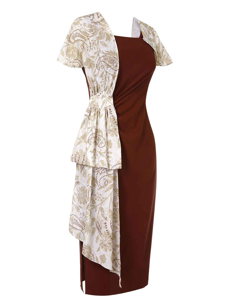 2PCS 1960s Solid Bodycon Dress & Floral Outwear