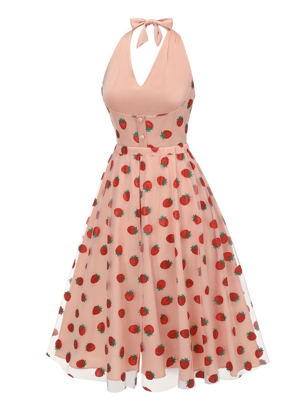 2PCS Pink 1950s Halter Strawberry Romper & Umbrella Skirt – Retro Stage ...