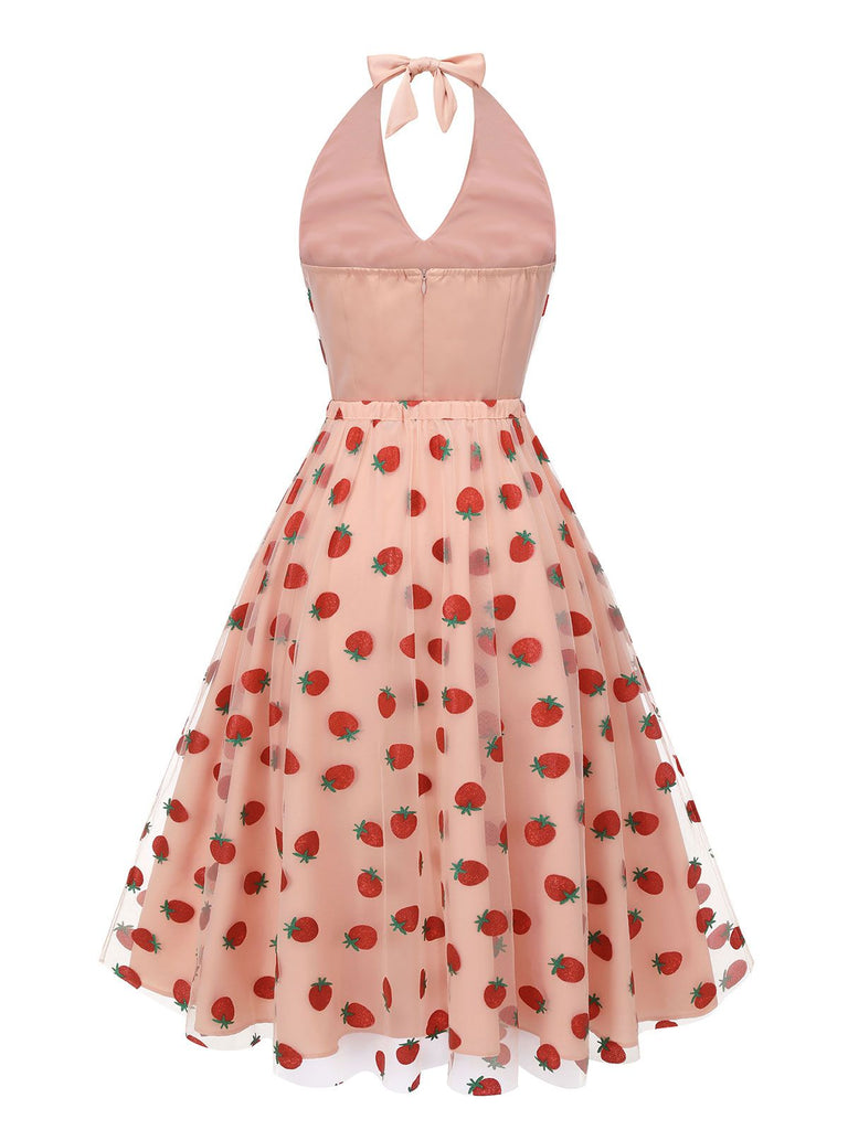 2PCS Pink 1950s Halter Strawberry Romper & Umbrella Skirt
