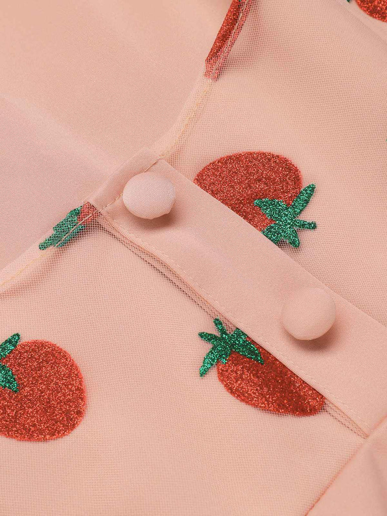 2PCS Pink 1950s Halter Strawberry Romper & Umbrella Skirt