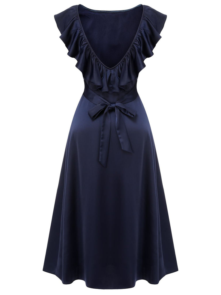 Dark Blue 1930s Flounce Sleeve Cowl Neck Trumpet Dress