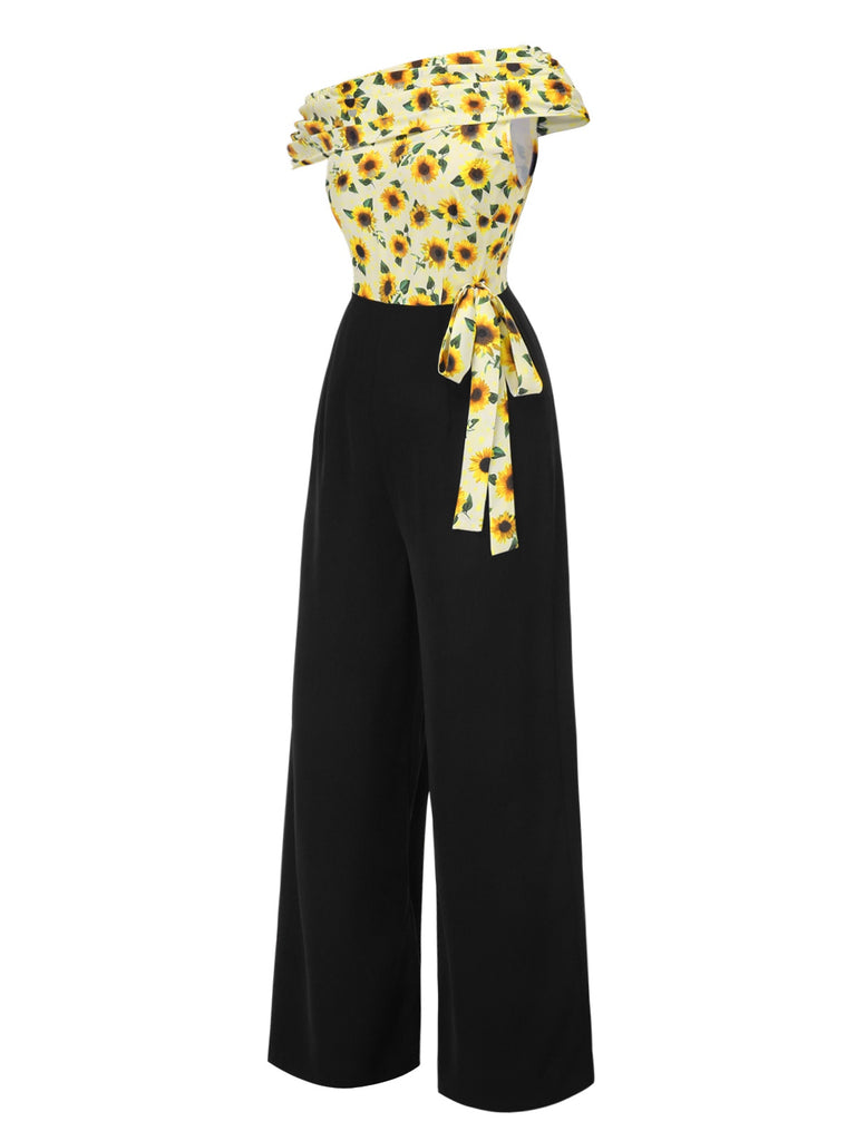 Yellow 1930s Sunflower Oblique Neck Jumpsuit