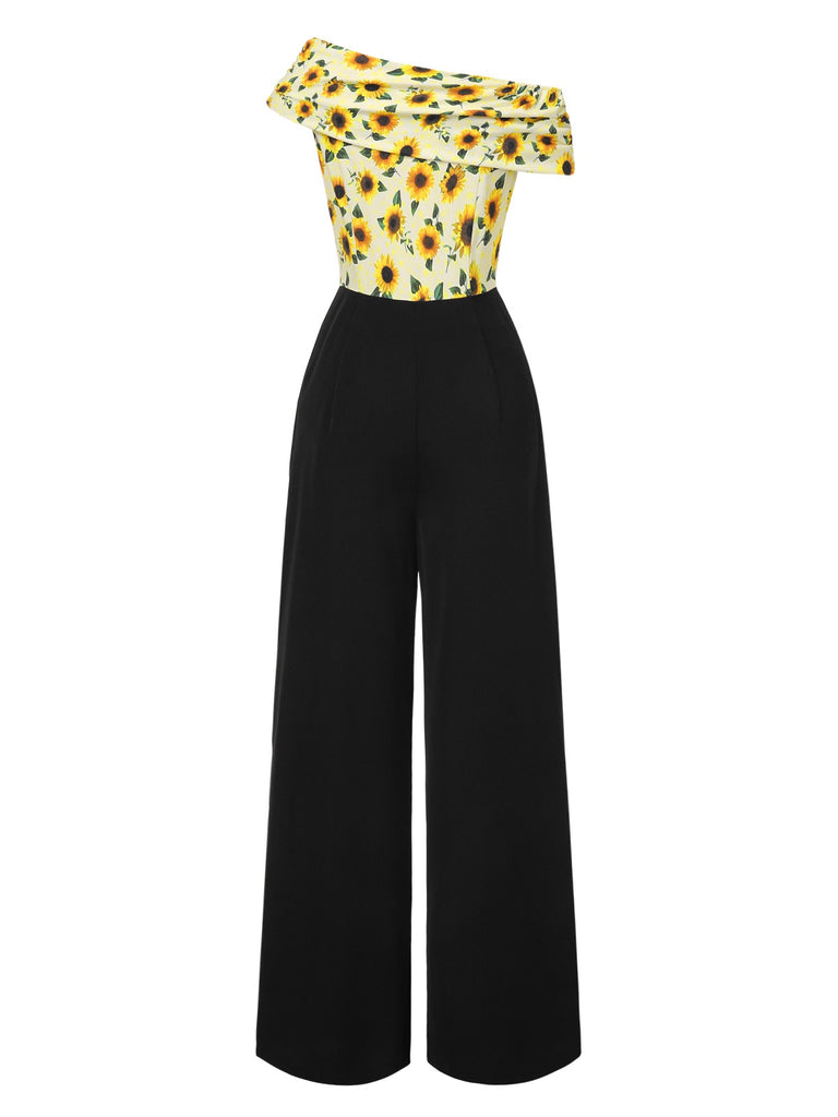 Yellow 1930s Sunflower Oblique Neck Jumpsuit