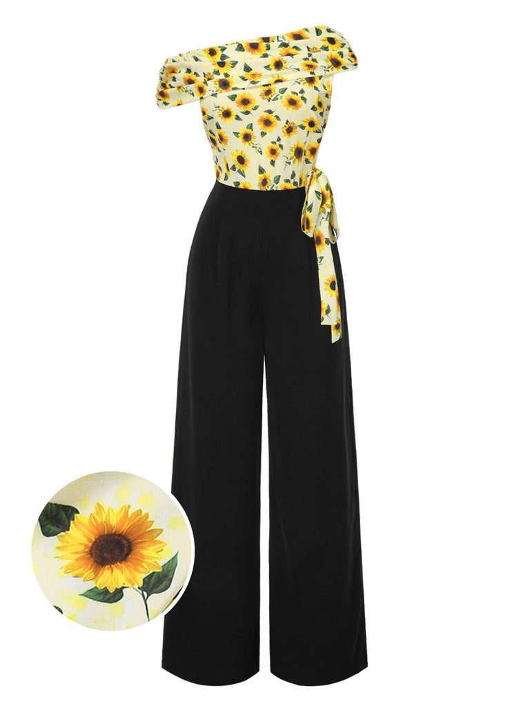 Yellow 1930s Sunflower Oblique Neck Jumpsuit