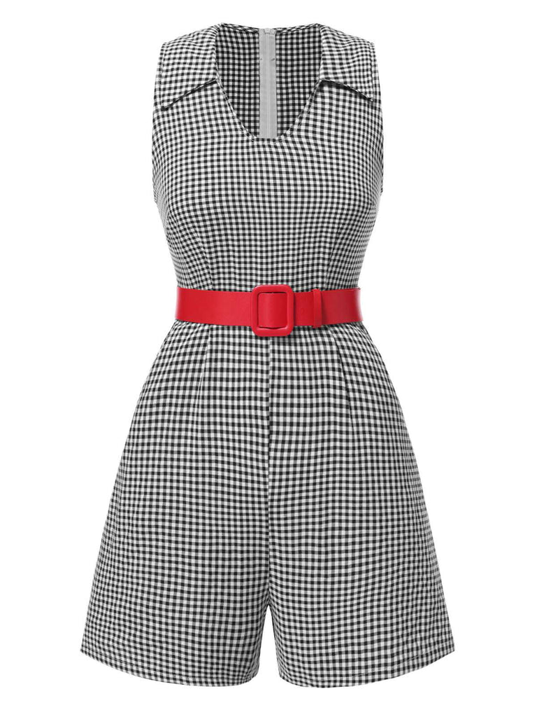 [Pre-Sale] Black 1950s Lapel Gingham Plaid Sleeveless Romper