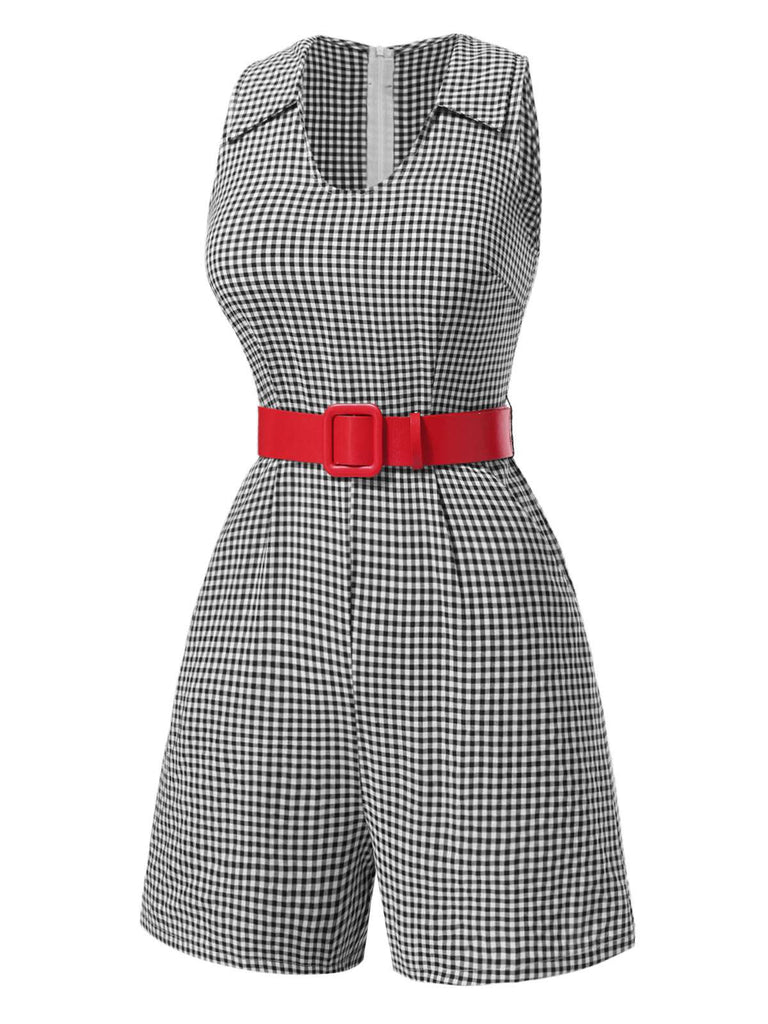 [Pre-Sale] Black 1950s Lapel Gingham Plaid Sleeveless Romper