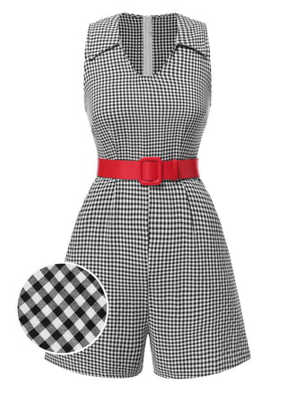 [Pre-Sale] Black 1950s Lapel Gingham Plaid Sleeveless Romper