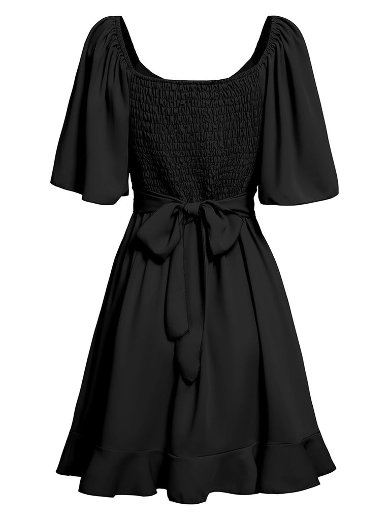 1930s Solid V-Neck Waist Ruffle Dress