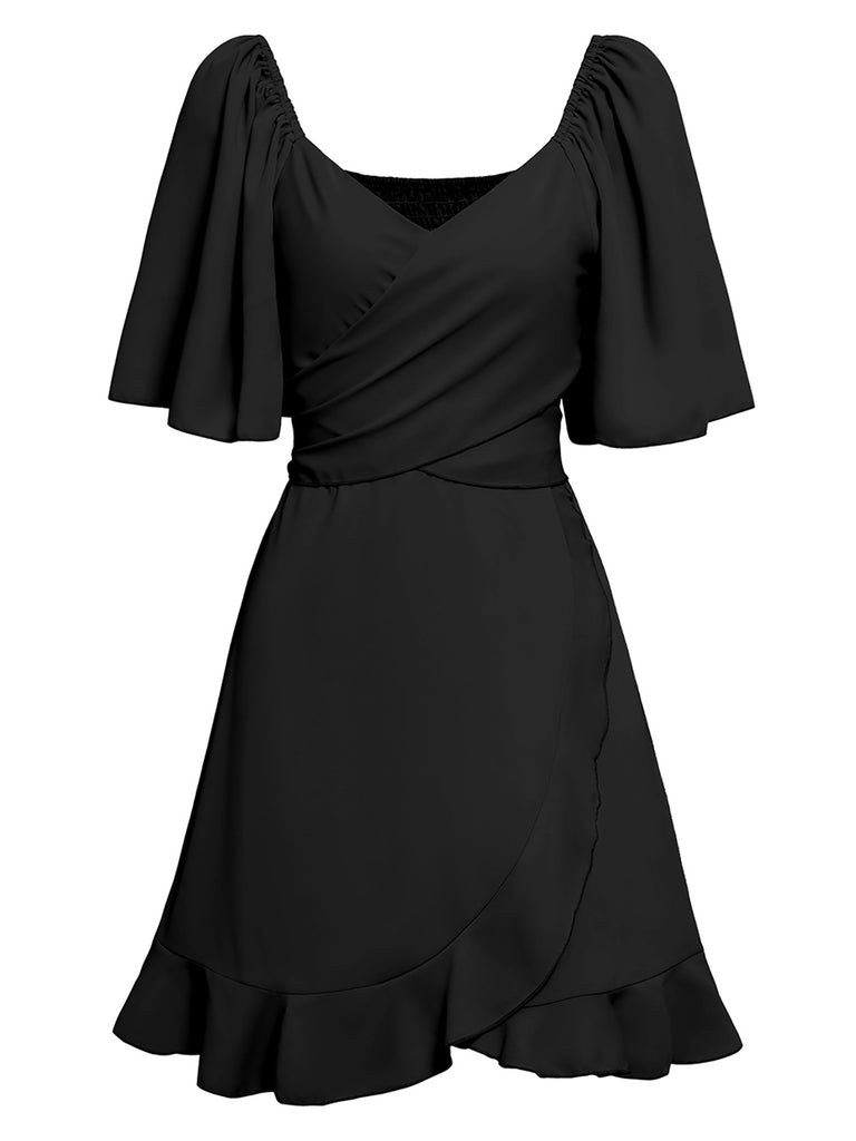 1930s Solid V-Neck Waist Ruffle Dress