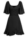 1930s Solid V-Neck Waist Ruffle Dress